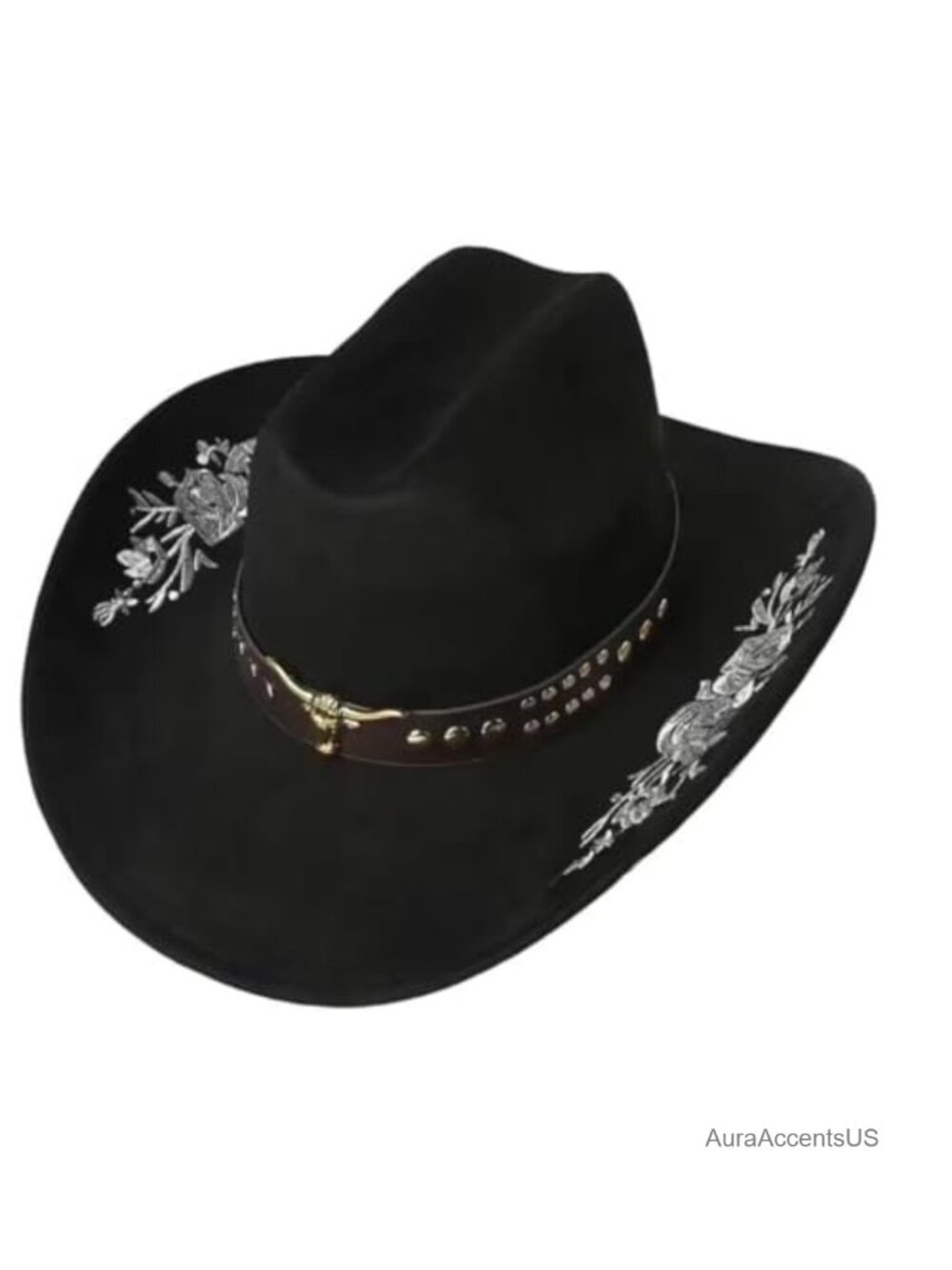 Suede Cowboy Hat with Gold Floral Embroidery Wide Brim Western